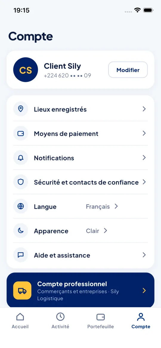Écran Compte de l'app Sily : lieux enregistrés, moyens de paiement, notifications, sécurité et contacts de confiance