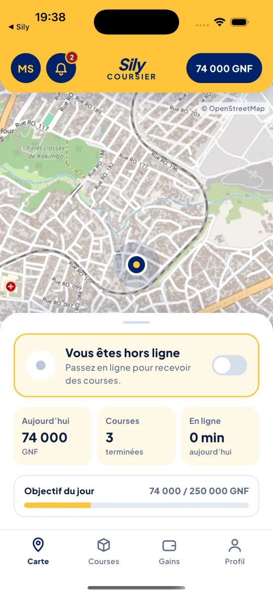 Accueil de l'app Sily Coursier : carte, passage en ligne, gains et courses du jour